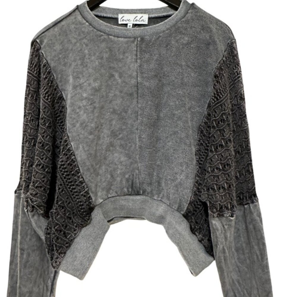NWT Love Lola Boho Mixed Media Crochet Stonewash Crop Crewneck - Size Medium